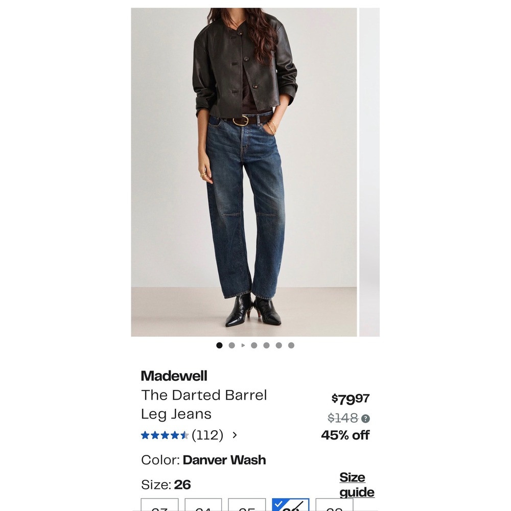 Madewell NWT Darted Barrel Leg Jean W33T Tall Low Rise Dark Washed Curved Denim